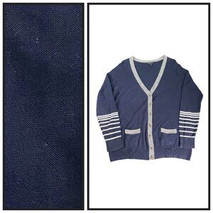 Lands’ End Navy Linen Cotton Nautical Cardigan Sweater Striped Sleeve Size L